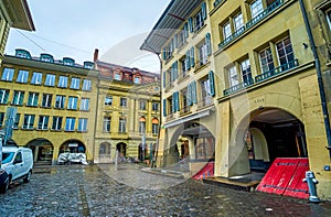 The Walking arcades are the distinguishing features of Bernese houses in Altstadt, Switzerland photo