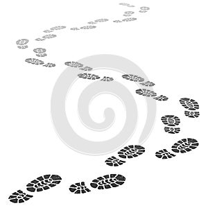 Walking away footsteps. Outgoing footprint silhouette, footstep prints and shoe steps going in perspective vector photo