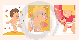 Walking babies set, girl and boy in clean diaper vector illustration. Happy children learn, take first steps. Baby