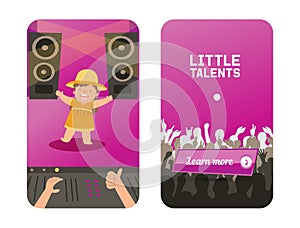 Walking baby on little talants children show vector illustration. Funny curly girl on large hall stage, speakers and