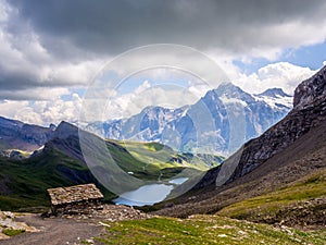 Walking from Bachalpsee to Faulhorn in the Bernese Alps Switzerland