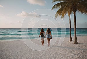 walking on the beach at sunset with the ocean behind them