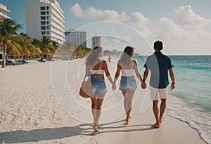 walking on the beach at sunset with the ocean behind them