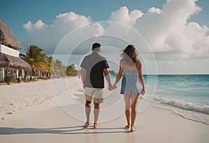 walking on the beach at sunset with the ocean behind them