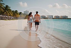 walking on the beach at sunset with the ocean behind them