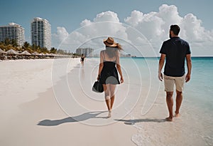 walking on the beach at sunset with the ocean behind them