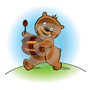 Walking bear with spoon and honey pot