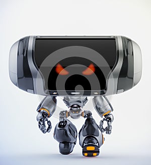 Walking black angry robot toy with digital red eyes, 3d rendering