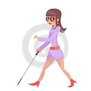 Walking blind disabled woman stick confident gait female character walk cartoon flat design design vector illustration