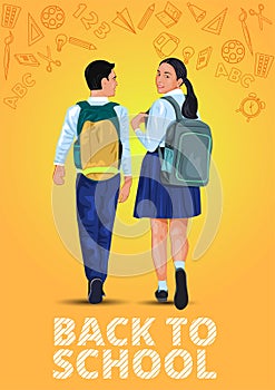 Walking boy and girl back to school illustration Children go to school with their back packs and in school uniforms Education