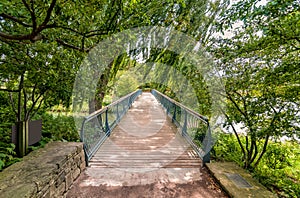 Walking bridge in the Chicago Botanic Garden, summer landscape, Glencoe,USA