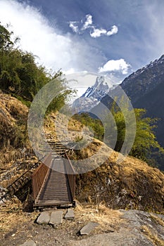 Walking Bridge Nepal Himalaya Mountains Landscape Annapurna Base Camp Hiking Trek