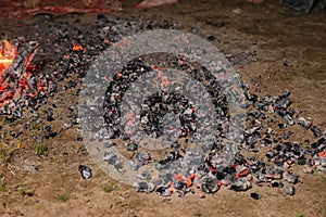 Walking on the burning cinders close-up side view.