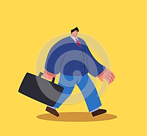 Walking business man with big heands and small head character with suitcase. Vector eps10