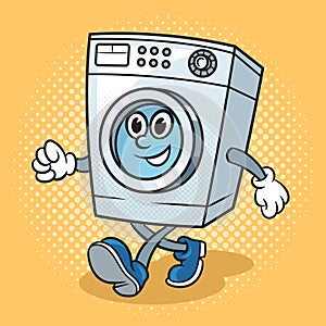 walking cartoon washing machine pop art vector