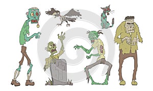 Walking Decaying Zombies Set, Undead People and Animals, Zombie Apocalypse Vector Illustration