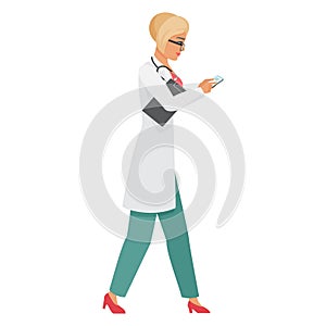 Walking doctor woman using phone