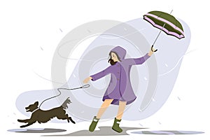 Walking dog in bad rain weather flat composition with woman in raincoat with umbrella and dog vector illustration