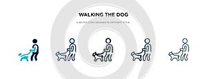 Walking the dog icon in different style vector illustration. two colored and black walking the dog vector icons designed in filled