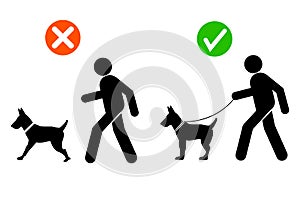 Walking with the dog, keep your dog on a leash. Cartoon walk with hound and lead icon. Pet on lead allowed only. Vector stick