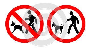 Walking with the dog, keep your dog on a leash. Cartoon walk with hound and lead icon. Pet on lead allowed only. Vector stick