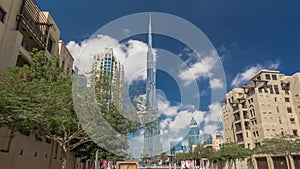 Walking on Dubai street Dubai Skyline timelapse hyperlapse. Residential and Business Skyscrapers in Downtown