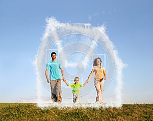 Walking family with boy and dream cloud house