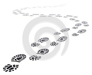 Walking far footprints. Outgoing footsteps perspective trail, walk away human foot steps silhouette, shoe steps track