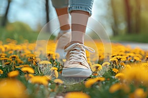 Walking in a field of dandelions, close-up of a sneaker.. Generated AI