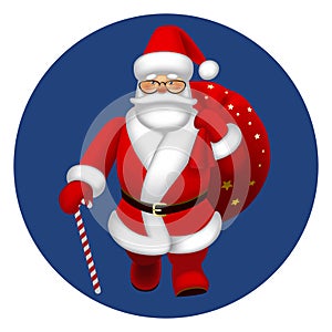 Walking full face Santa Claus with a bag of gifts and a cane in round frame isolated on white