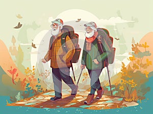 walking happy couple hiking trekking active senior old elderly grandfather. Generative AI.