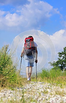 Walking hiker on stony path photo
