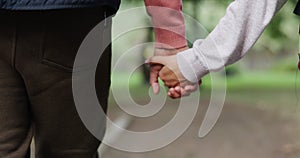 Walking, hiking closeup or couple holding hands on holiday vacation on countryside outdoors together. Back, campers or