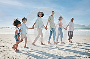 Walking, holding hands and family outdoor on a beach with love, care and happiness on travel vacation. Parents