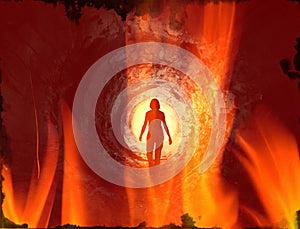 Walking human in the tunnel on fire