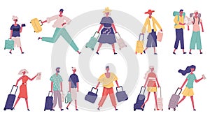 Walking hurrying male and female tourist group characters. Tourists in airport with bags, suitcases vector illustration