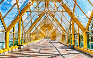 Walking inside Pushkinsky Pedestrian Covered Bridge in central Moscow, Russia