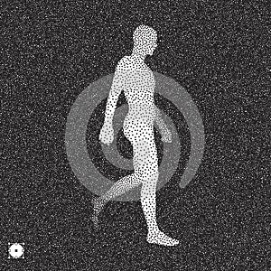 Walking Man. 3D Human Body Model. Black and white grainy dotwork design. Stippled  illustration