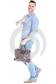 Walking man with laptop bag