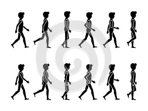 Walking man sequence movements vector icon pictogram set. Stick figure male moving forward silhouette posture on white