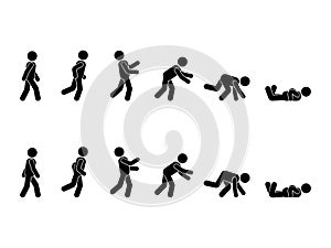Walking man stick figure pictogram set. Different positions of stumbling and falling icon set symbol posture on white.
