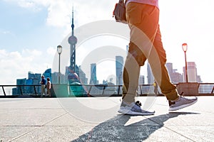 Walking man in the summer at bund Shanghai city view background