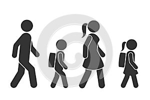 Walking man, woman, boy and girl icons. Vector sign for crossing point or warning signs. Icon set of people moving forward, side