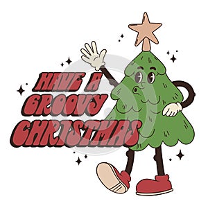 Walking mascot Christmas tree wishing have a groovy christmas