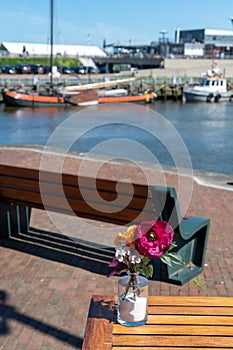 Walking on old streets of Harlingen fisherman town on Wadden sea, Friesland, Netherlands