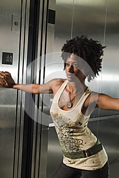 Walking out of elevator close up 05