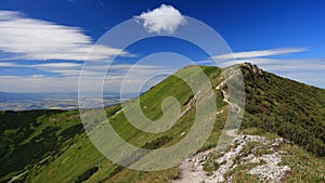 Walking path on green ridge of Fatra Mountains, Slovakia