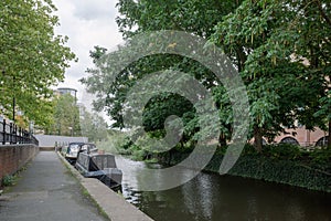 Walking path by Kennet River in town centre of Reading, United Kingdom