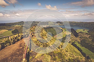 Walking path leading to a view on the lakes of Sete Cidades, Azores, Portugal