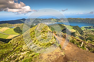 Walking path leading to a view on the lakes of Sete Cidades and Santiago in Sao Miguel, Azores